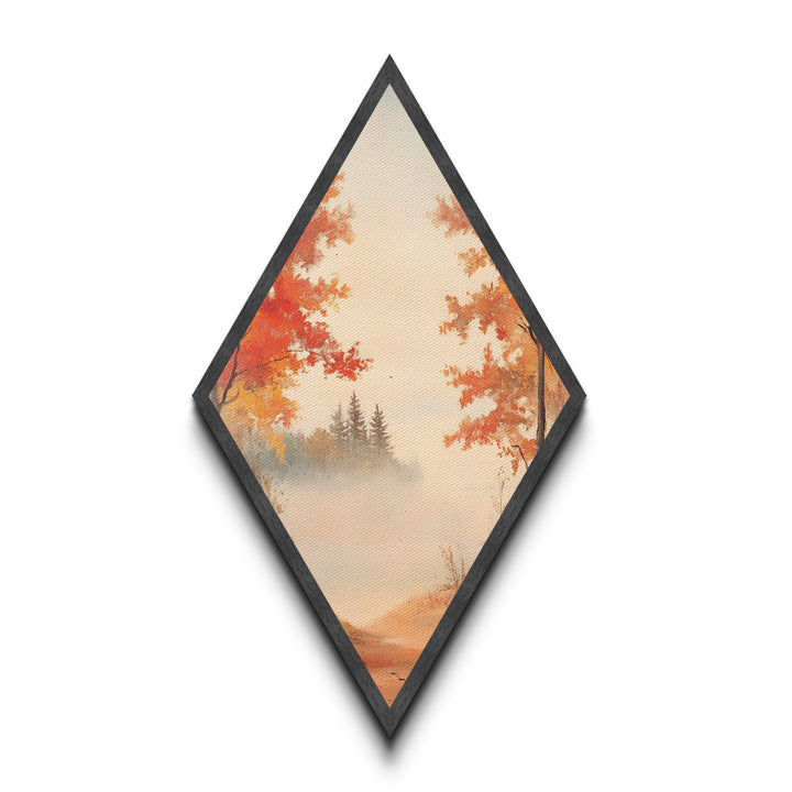 Golden Autumn Path – Diamond Shaped Canvas Art Print, misty fall landscape wall decor, seasonal forest artwork, rustic nature home accent