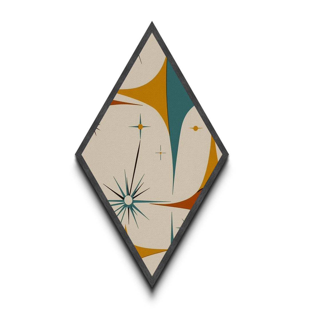 Mod Starflare Geometry – Diamond Shaped Canvas Art Print, retro atomic burst wall design, teal orange star pattern, midcentury home decor