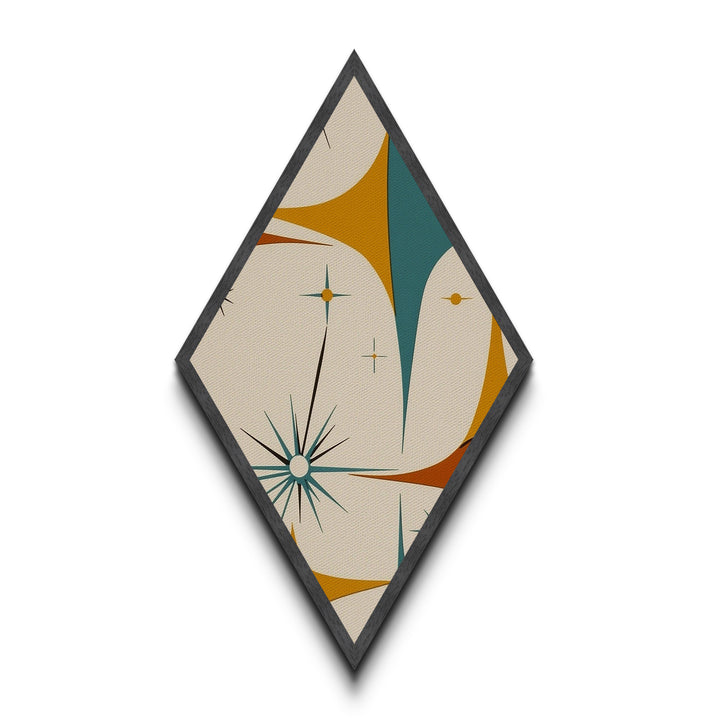 Mod Starflare Geometry – Diamond Shaped Canvas Art Print, retro atomic burst wall design, teal orange star pattern, midcentury home decor