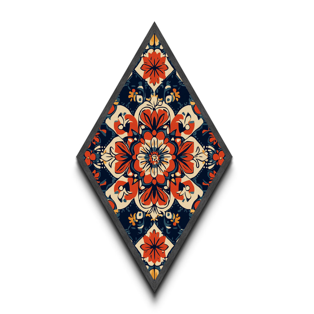 Floral Tile Harmony Diamond Shaped Canvas Art Print with bold folk pattern red navy decorative symmetry boho home accent Mediterranean decor