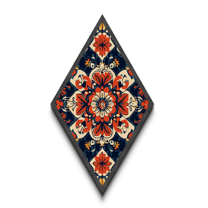 Floral Tile Harmony Diamond Shaped Canvas Art Print with bold folk pattern red navy decorative symmetry boho home accent Mediterranean decor