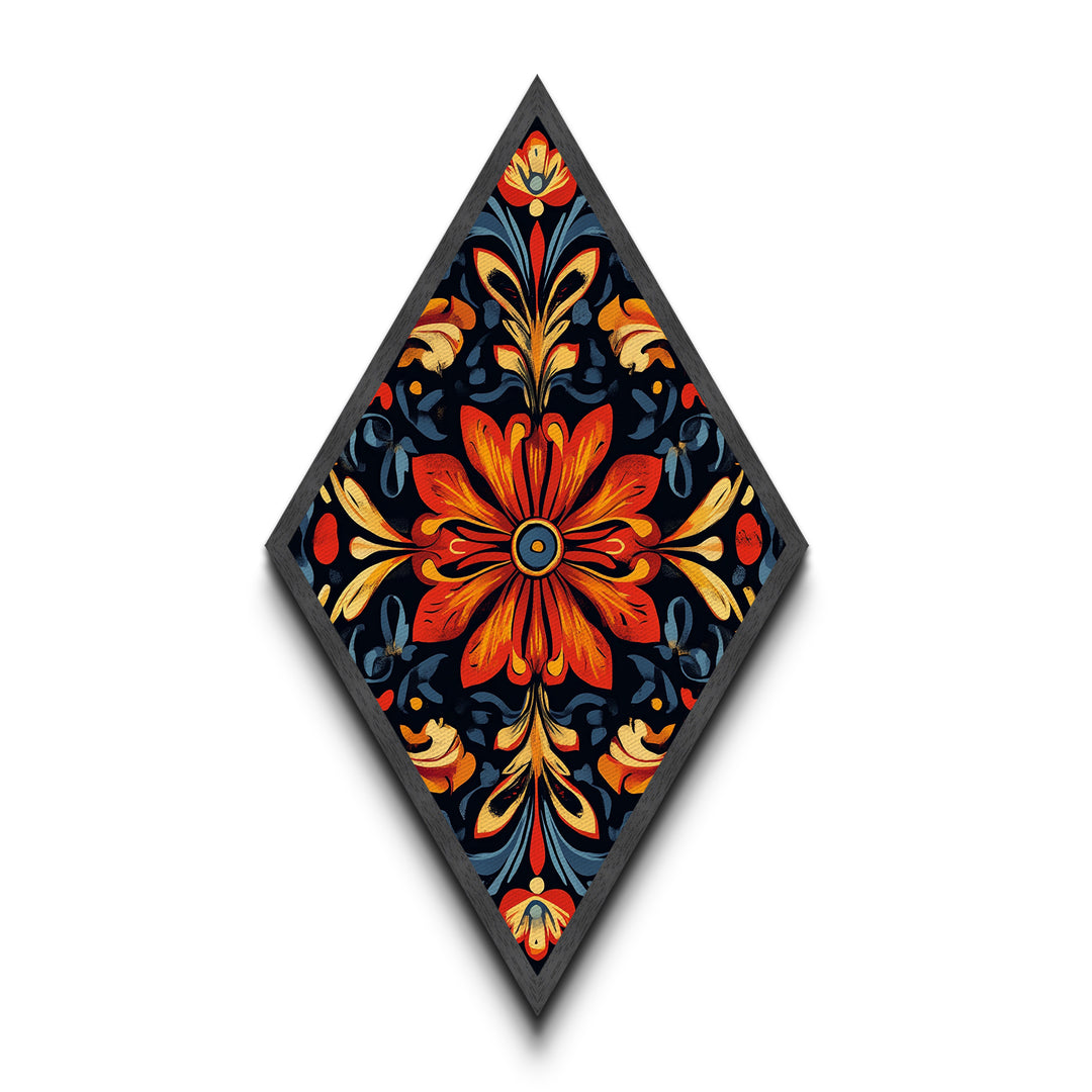 Crimson Bloom Folk Diamond Shaped Canvas Embossed Print featuring stylized red floral design dark background ethnic boho wall art vibrant palette