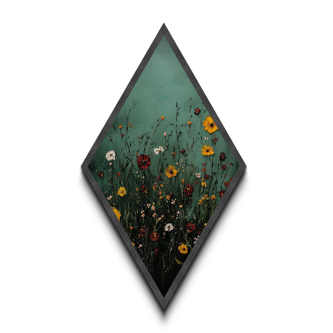 Wild Meadow — Diamond Shaped Canvas Textured Print adds rustic charm to bedroom or entryway with floral impasto nature wall art earthy tones