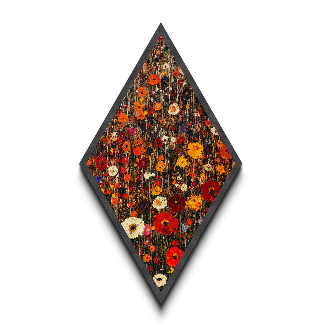 Autumn Garden — Diamond Shaped Canvas Textured Print adds farmhouse style to dining room or foyer featuring impasto wildflower bouquet hues