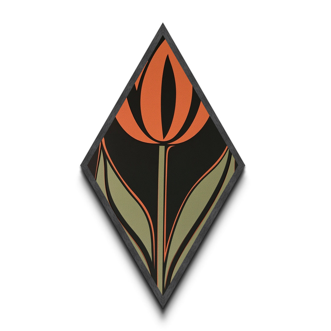 Atomic Tulip — Diamond Shaped Canvas Embossed Print perfect bedroom or gallery wall decor featuring retro tulip style orange green modern art
