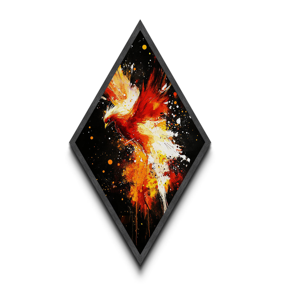 Inferno Flight Phoenix Diamond Shaped Canvas Textured Print, Red Fire Bird Wall Art, Bold Mythical Creature Modern Painting