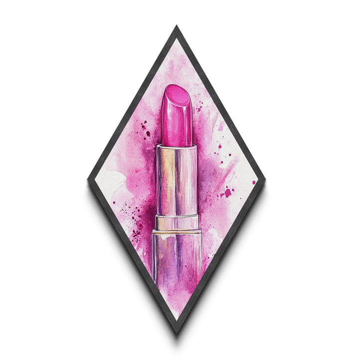Pink Lipstick Glam Diamond Shaped Canvas Embossed Print, Watercolor Makeup Wall Art, Feminine Beauty Fashion Illustration