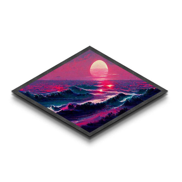 Crimson Horizon Sunset Diamond Shaped Ocean Landscape Canvas Embossed Print Coastal Red Waves Modern Nautical Wall Art Home Decor