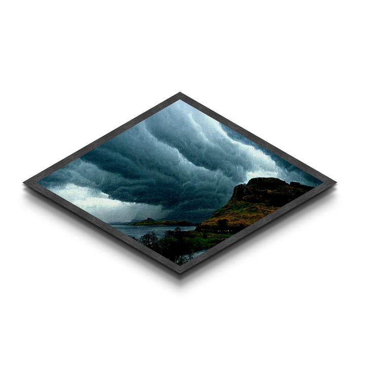 Rolling Storm Clouds Diamond Shaped Castle View Canvas Textured Print Turbulent Sky Landscape Dramatic Weather Gothic Wall Decor