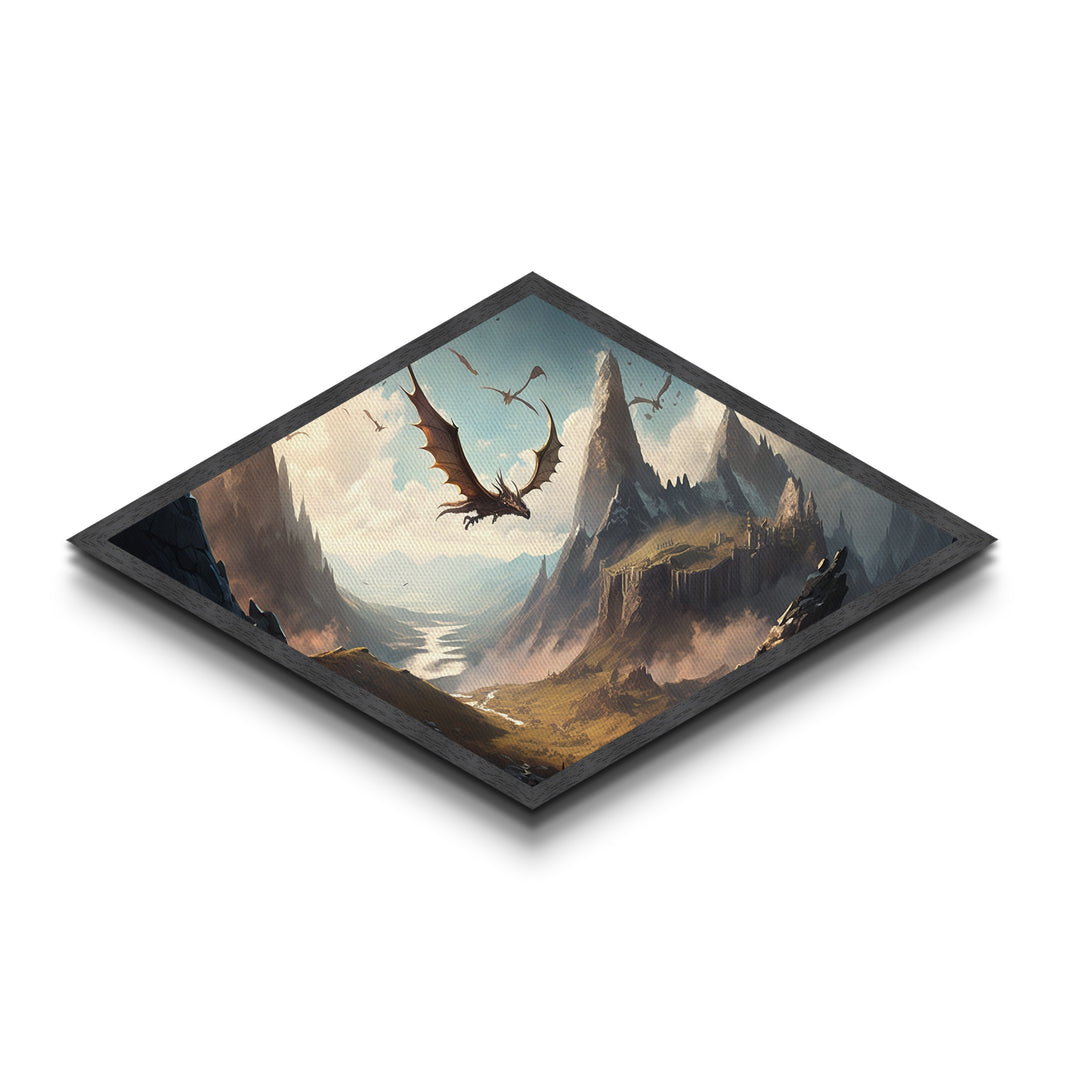 Firewing Highlands – Diamond Shaped Fantasy Dragon Landscape Canvas Art Print with epic flying creatures, medieval scenery, and vivid detail