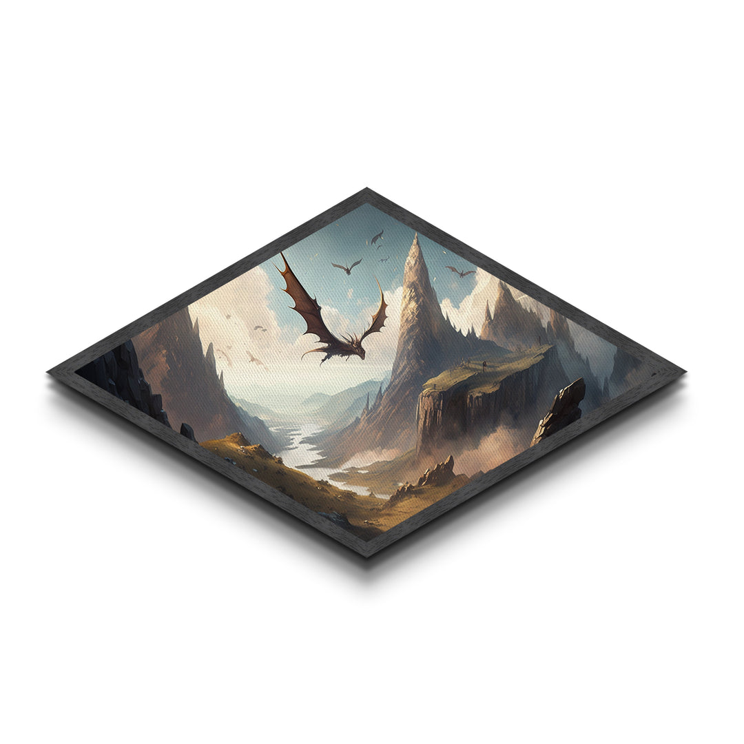 Skyblade Realms – Diamond Shaped Flying Dragon Kingdom Canvas Art Print with fantasy mountain range, medieval cliffs, and cinematic style