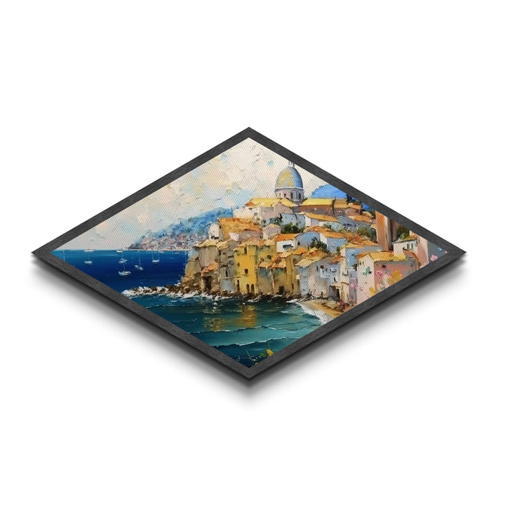 Amalfi Shoreline – Diamond Shaped Mediterranean Village Seascape Canvas Textured Print with coastal architecture, oil painting texture