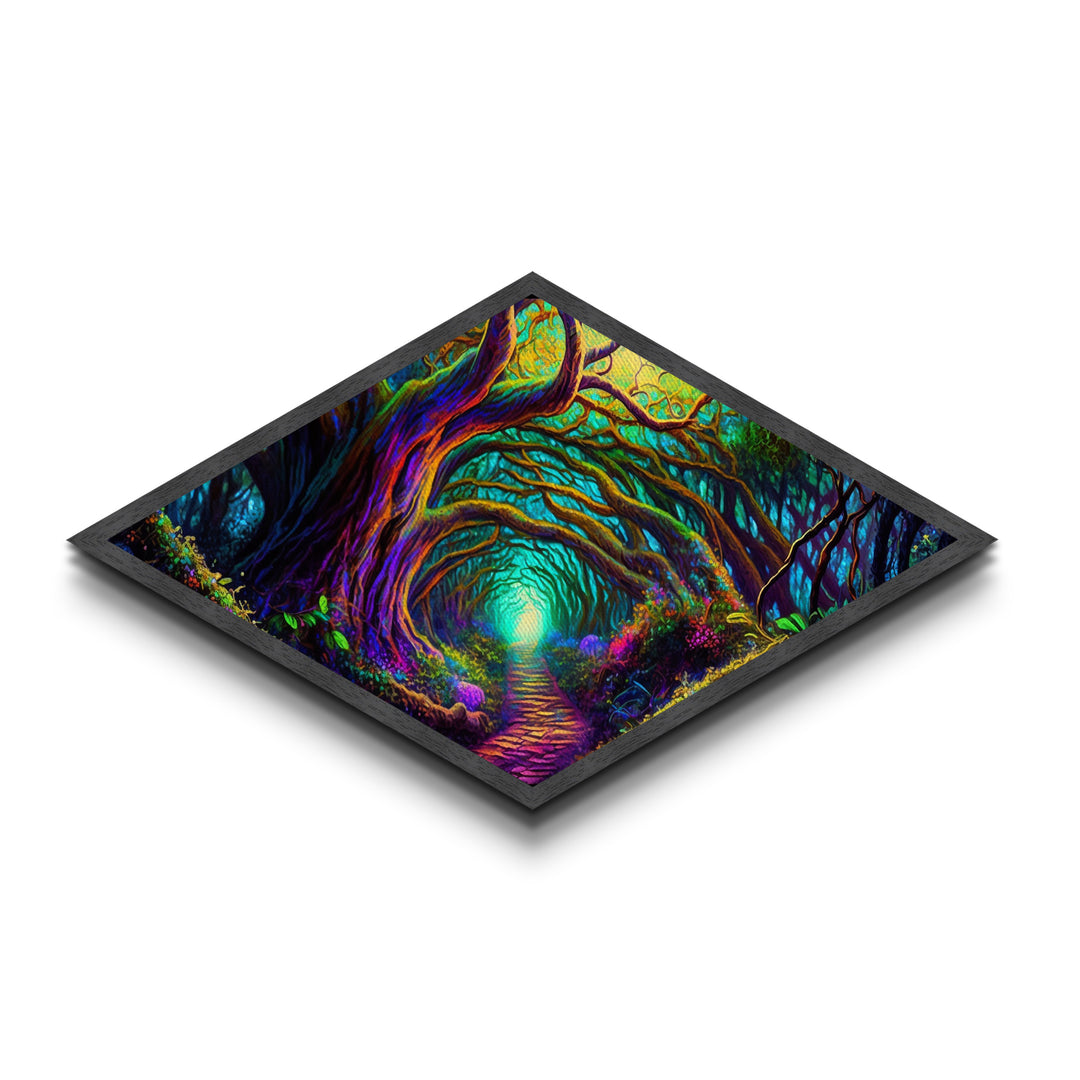 Enchanted Rootway – Diamond Shaped Mystical Forest Tunnel Canvas Embossed Print with neon glow trees, fantasy flora, and glowing path