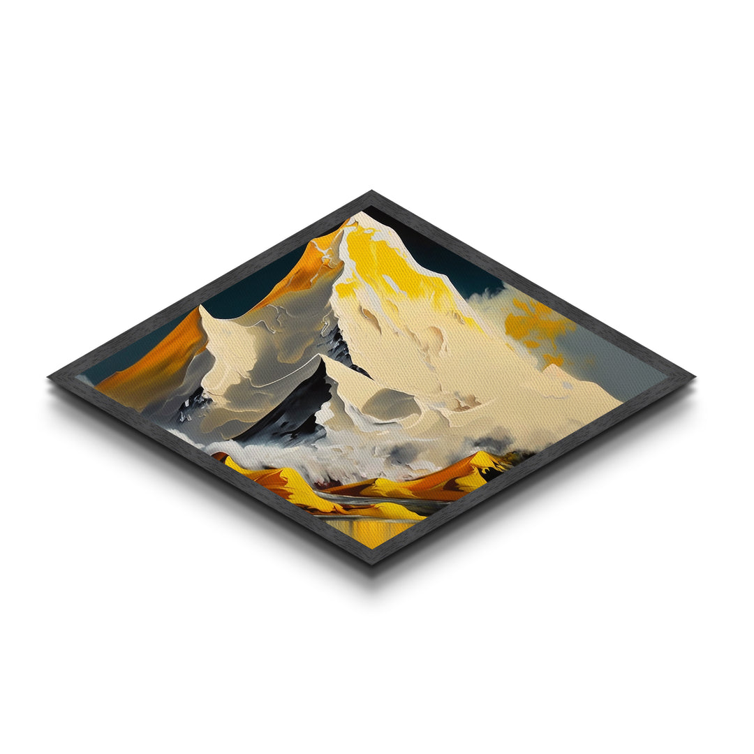 Gilded Summit – Diamond Shaped Golden Mountain Landscape Canvas Embossed Print with snow peaks, yellow ridge lines, and stylized range