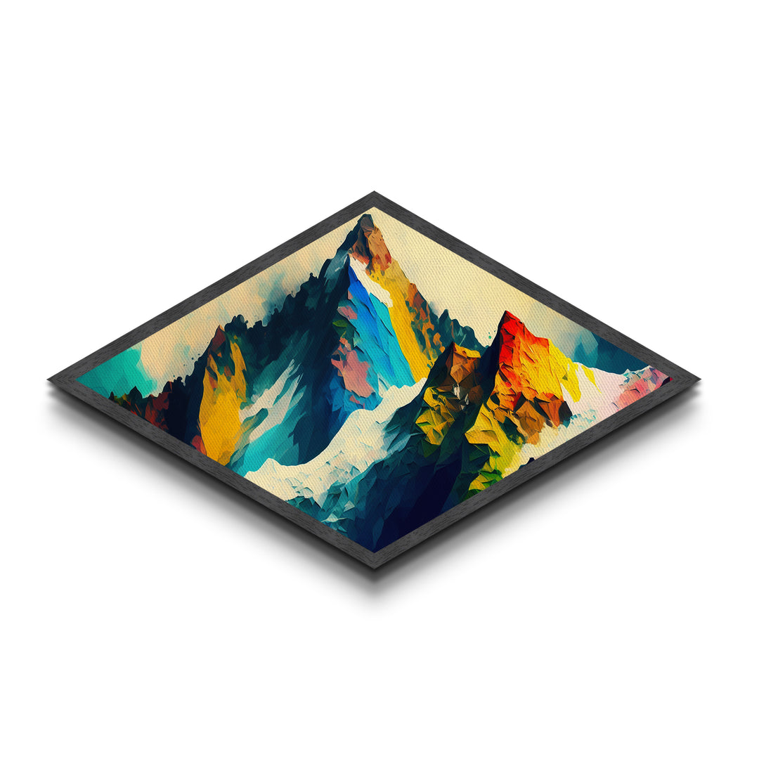 Crystalline Alps – Diamond Shaped Abstract Rainbow Peaks Canvas Textured Print with polygonal mountain terrain, bold geometric strokes