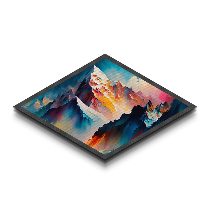 Aurora Range – Diamond Shaped Vibrant Alpine Mountains Canvas Art Print with icy summits, glowing pink sky, and fantasy ridge view