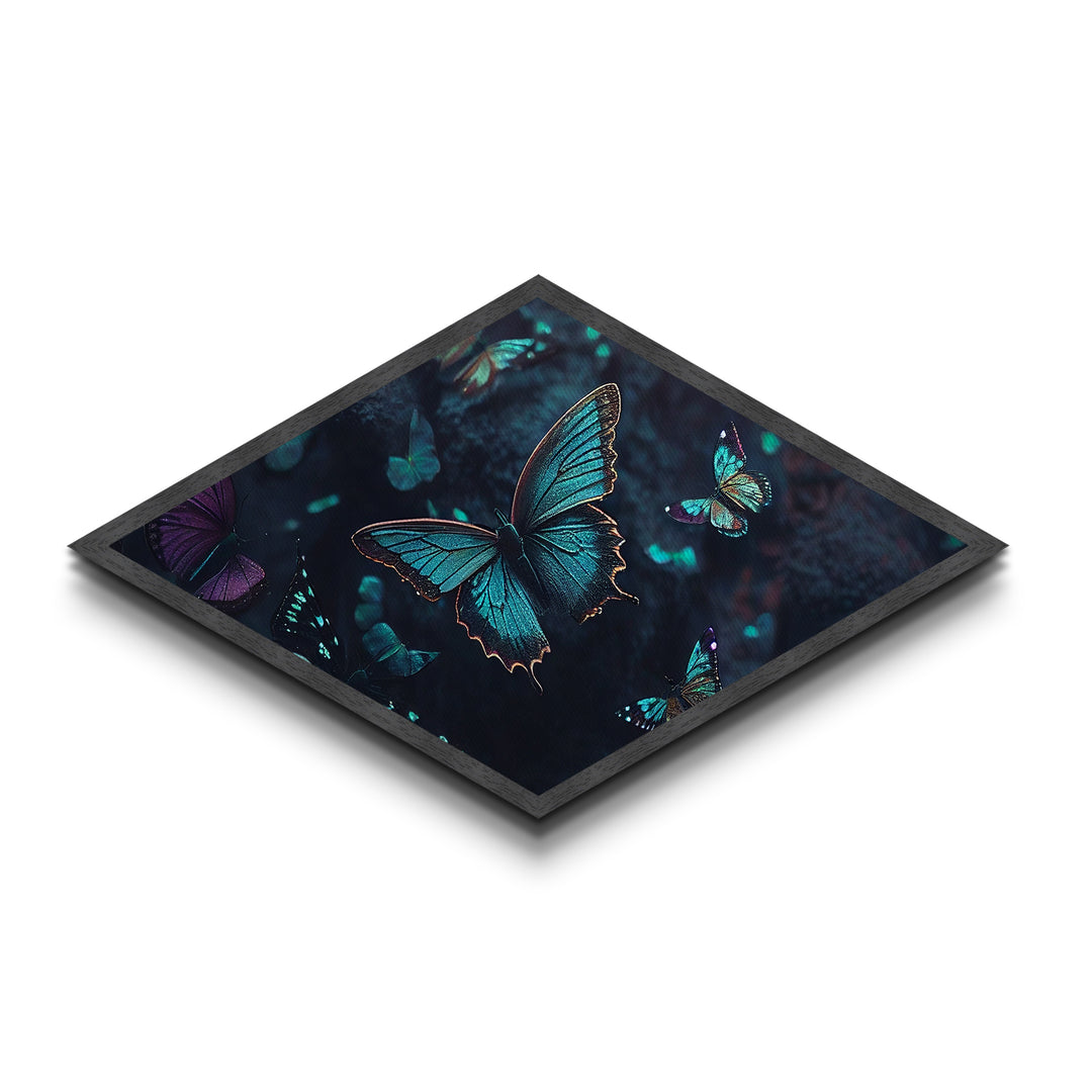 Nocturne Butterflies – Diamond Shaped Midnight Forest Insects Canvas Embossed Print with glowing wings, bioluminescent ambiance, deep tones