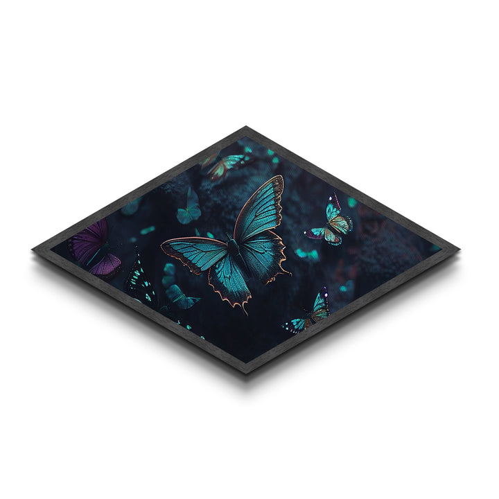 Nocturne Butterflies – Diamond Shaped Midnight Forest Insects Canvas Embossed Print with glowing wings, bioluminescent ambiance, deep tones