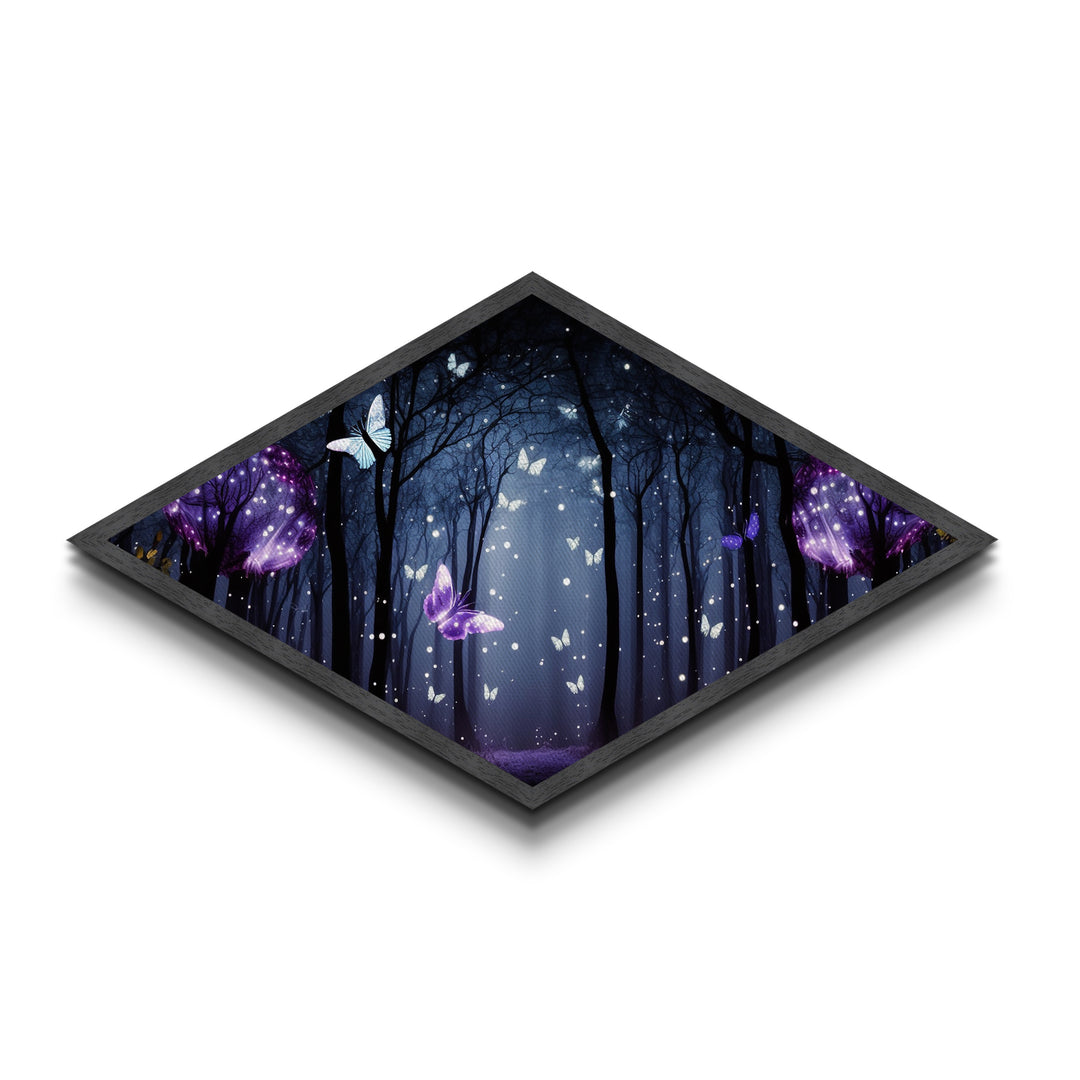 Enchanted Forest Glow – Diamond Shaped Canvas Art Print with glowing butterflies, dreamy purple woodland, fantasy wall decor, nightscape art