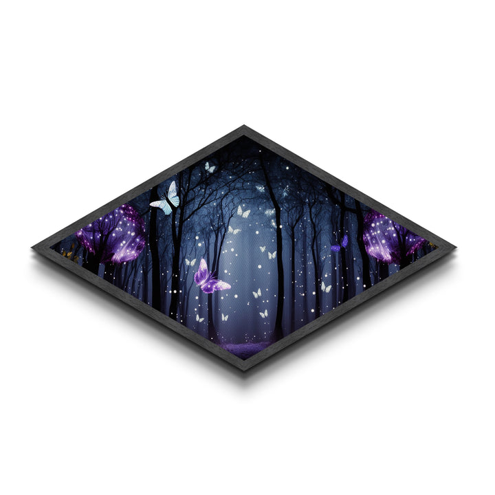 Enchanted Forest Glow – Diamond Shaped Canvas Art Print with glowing butterflies, dreamy purple woodland, fantasy wall decor, nightscape art