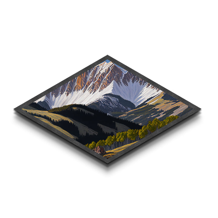 Snowcap Forest Light – Diamond Shaped Canvas Textured Print with alpine mountain landscape, fall forest shadow play, nature inspired home art