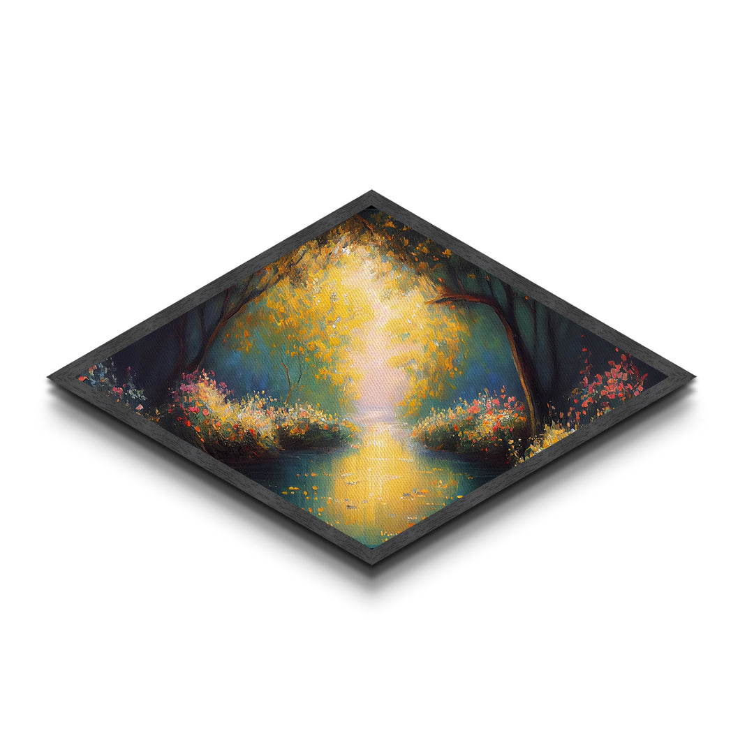 Golden Forest Path – Diamond Shaped Canvas Embossed Print with radiant trees, glowing sunset river, impressionist woodland nature painting
