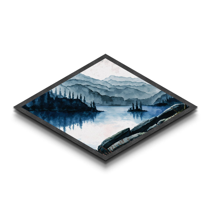 Tranquil Mountain View Diamond Shaped Canvas Textured Print with peaceful lake scene, forest landscape painting, rustic wall decor