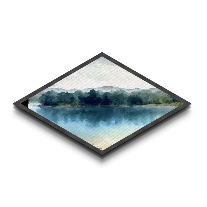 Quiet Riverbank Scene Diamond Shaped Canvas Art Print with woodland nature, blue green forest reflection painting, lakeview serenity