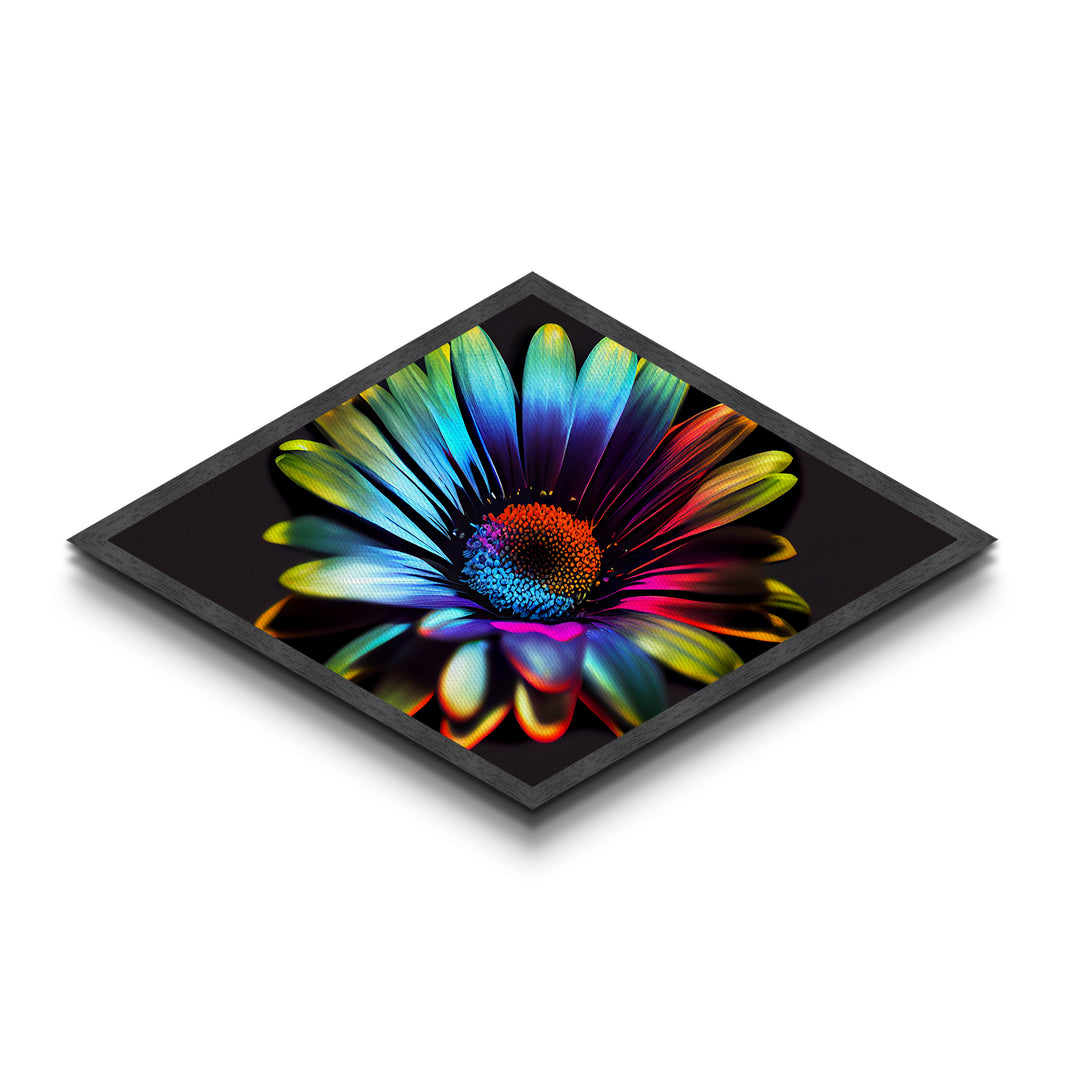 Neon Petal Burst Diamond Shaped Canvas Art Print with vibrant rainbow daisy, dark background floral decor, modern flower wall piece