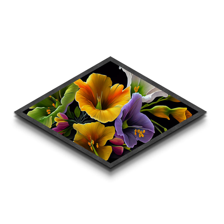 Midnight Bloom Glow Diamond Shaped Canvas Embossed Print with bold floral close-up, colorful petals on black, dramatic flower wall art