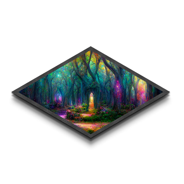 Firefly Glow Forest Diamond Shaped Canvas Art Print, whimsical fairy lights in woods, enchanted mystical woodland fantasy decor