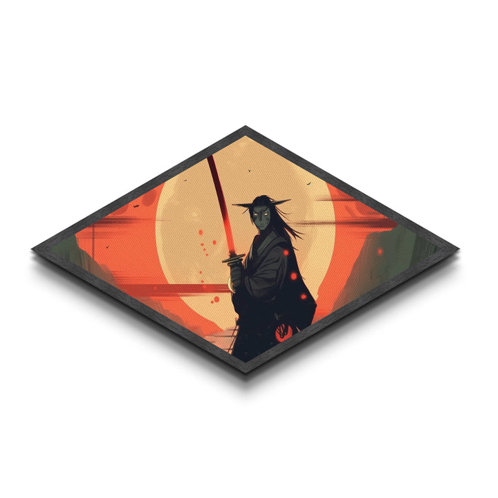 Demon Samurai Stance Diamond Shaped Canvas Art Print, Japanese Anime Warrior Decor, Red Moon Battle Scene, Teen Room Artwork