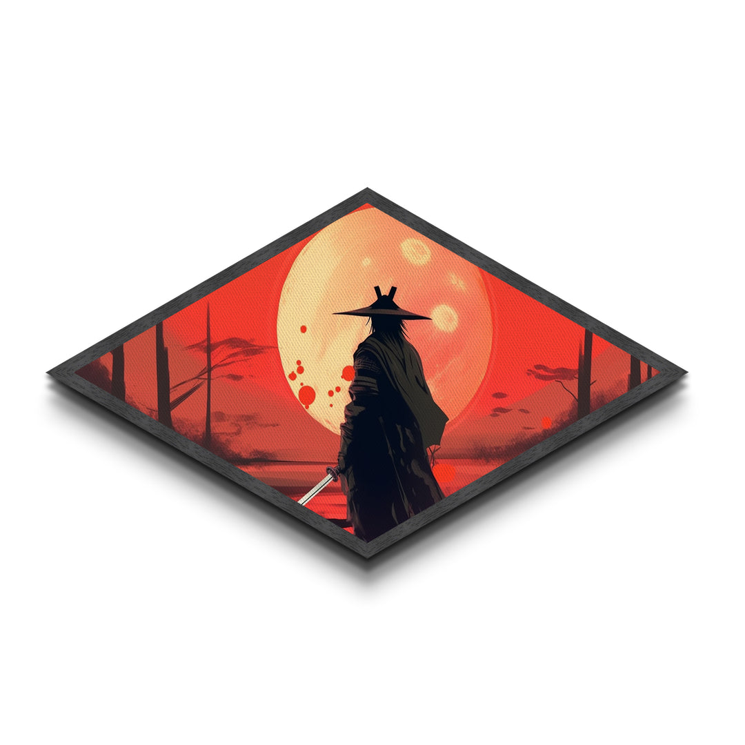 Lone Ronin Eclipse Diamond Shaped Canvas Textured Print, Samurai Sunset Wall Art, Anime Warrior Decor, Japanese Aesthetic Gift