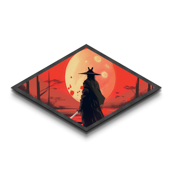Lone Ronin Eclipse Diamond Shaped Canvas Textured Print, Samurai Sunset Wall Art, Anime Warrior Decor, Japanese Aesthetic Gift