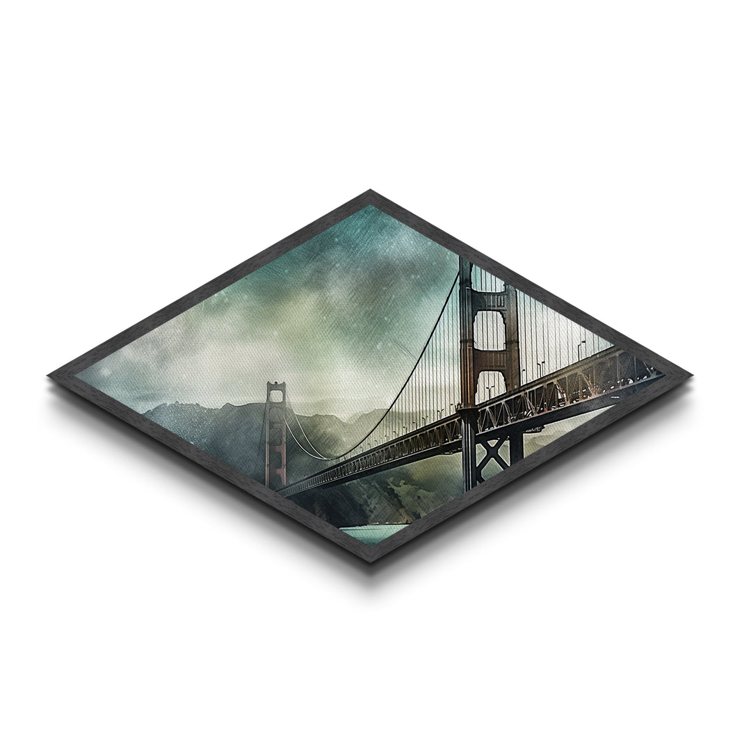 Golden Gate Haze Diamond Shaped Canvas Textured Print, San Francisco Bridge Watercolor, Urban Landscape Art, Travel Lover Gift