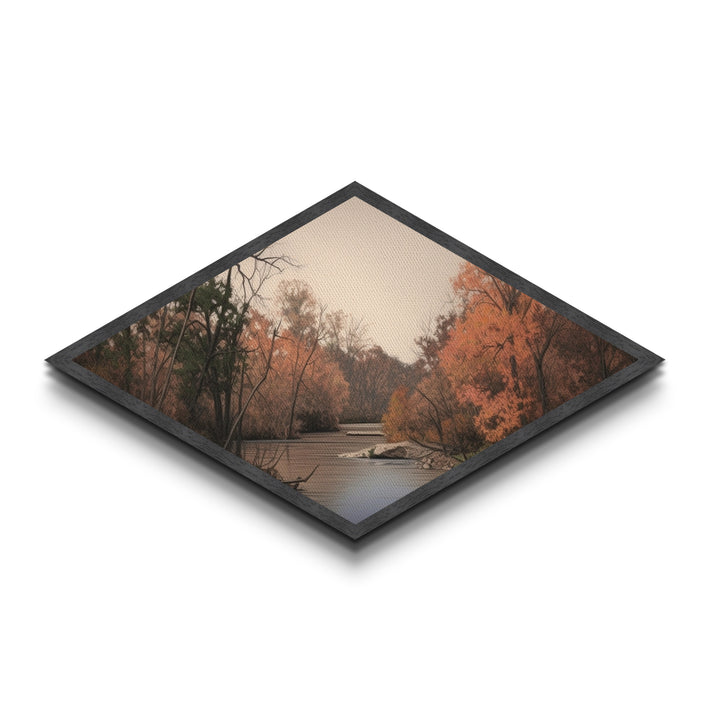 Autumn River Scene – Diamond Shaped Canvas Textured Print, Rustic Wall Art, Fall Landscape Decor, Nature-Inspired Gift, Cabin Living Room