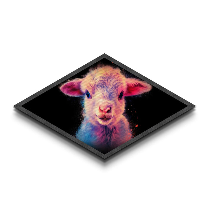 Neon Lamb Glow – Diamond Shaped Canvas Embossed Print, Vibrant Nursery Animal Art, Cute Pastel Gift, Baby Room Farm Decor