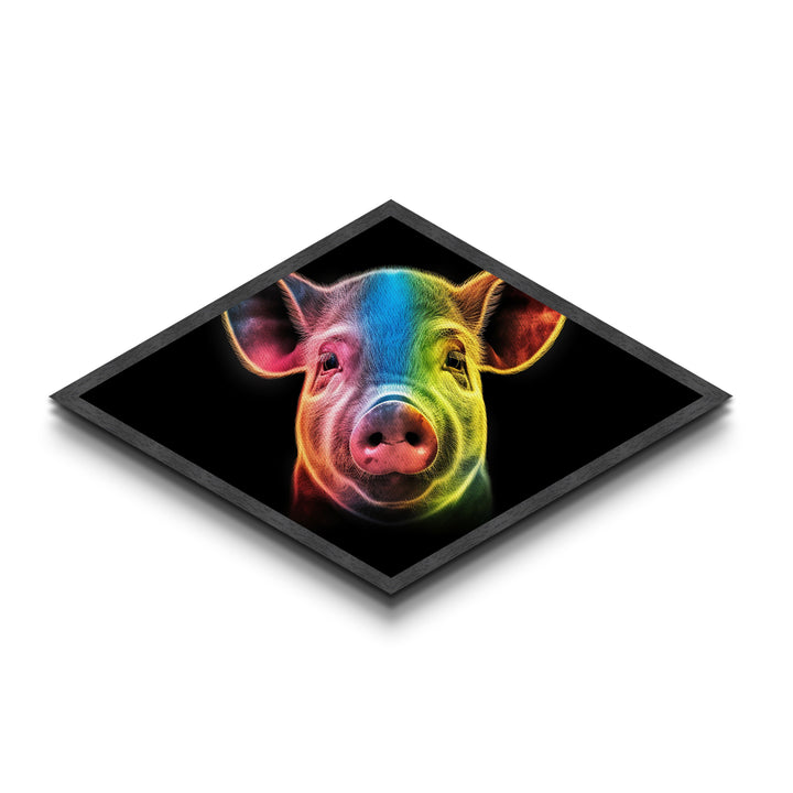 Radiant Piglet Portrait – Diamond Shaped Canvas Embossed Print, Farm Animal Wall Art, Neon Rainbow Decor, Kids Room Pop Style