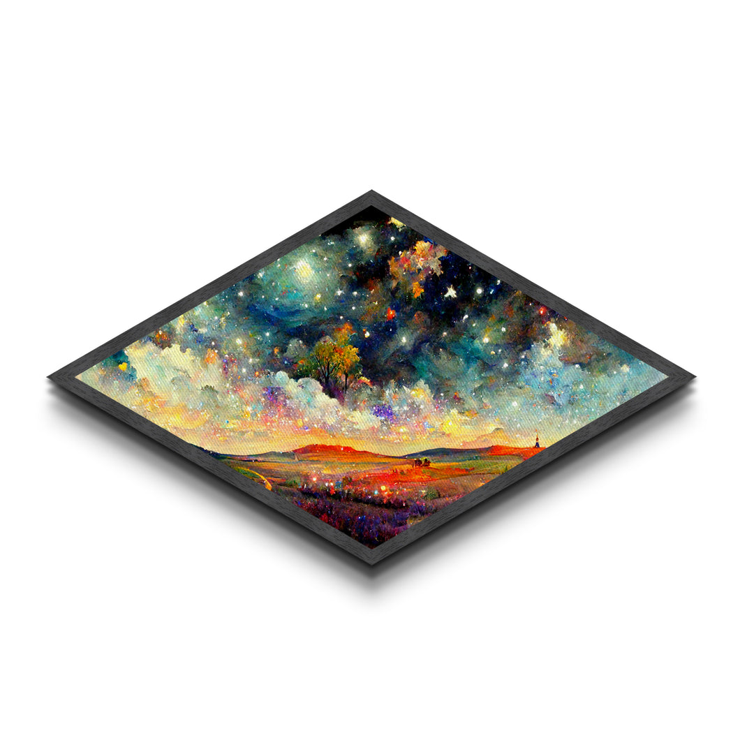 Enchanted Forest Path Diamond Shaped Canvas Embossed Print, glowing staircase fantasy decor, dreamy woodland surreal artwork