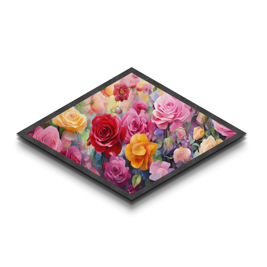 Garden Rose Symphony Diamond Shaped Canvas Art Print with pink red yellow roses, floral wall decor, romantic gift, nursery wall accent
