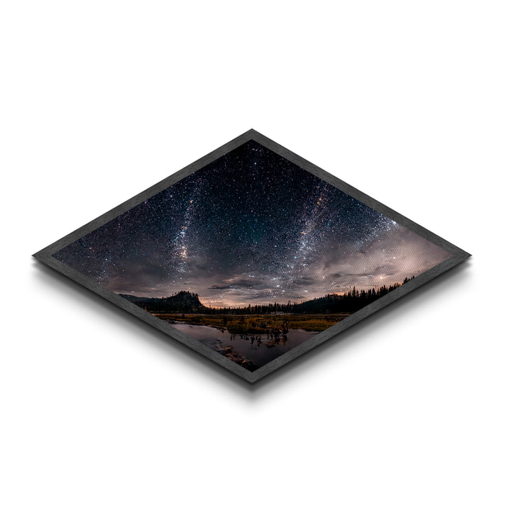 Starlit Landscape Glow Diamond Shaped Canvas Textured Print, dreamscape night sky meadow art, celestial fantasy field scene
