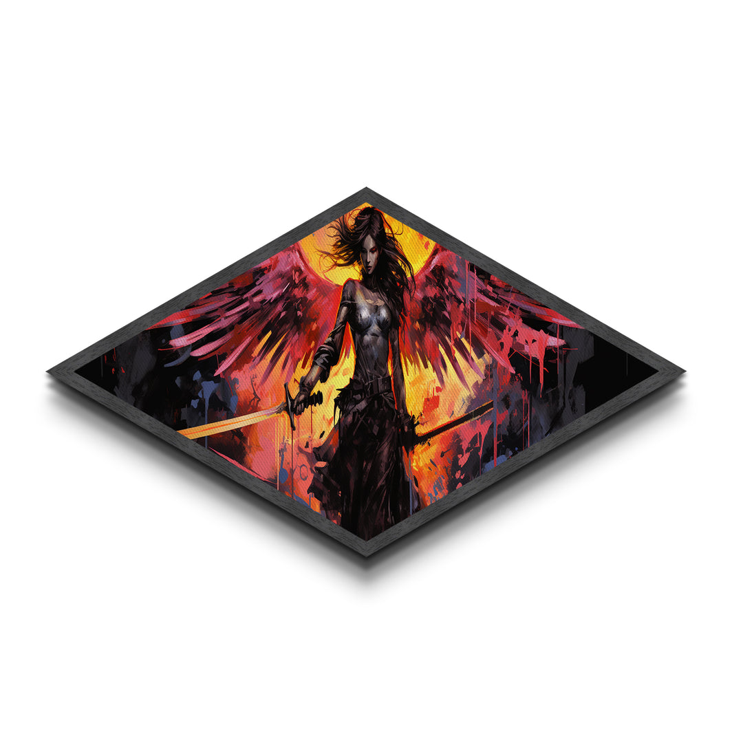 Blade Wing Warrior Diamond Shaped Angel Canvas Art Print fiery red wings sword epic fantasy female warrior modern home wall decor