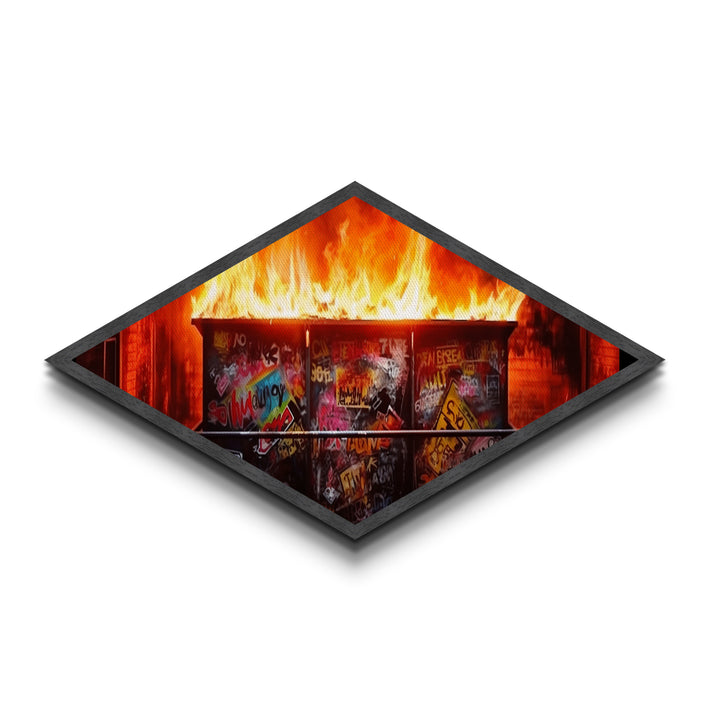 Dumpster Fire Chaos Diamond Shaped Graffiti Canvas Embossed Print burning urban street art protest pop culture modern edgy wall art