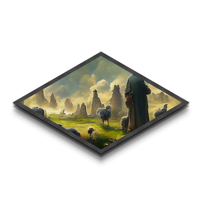 Shepherd’s Morning Peace Diamond Shaped Canvas Embossed Print, pastoral fantasy flock landscape, mystical sunrise with sheep art