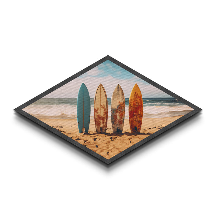 Vibrant Surf Quartet Diamond Shaped beach scene with surfboards wall decor Canvas Art Print coastal summer home accent gift idea