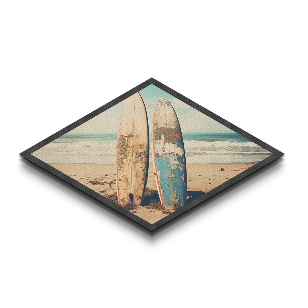 Vintage Surf Duo Diamond Shaped coastal surfboard wall art Canvas Embossed Print beach house rustic vibe nostalgic surfing aesthetic