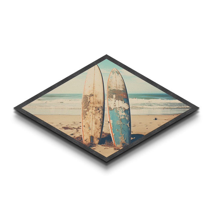 Vintage Surf Duo Diamond Shaped coastal surfboard wall art Canvas Embossed Print beach house rustic vibe nostalgic surfing aesthetic