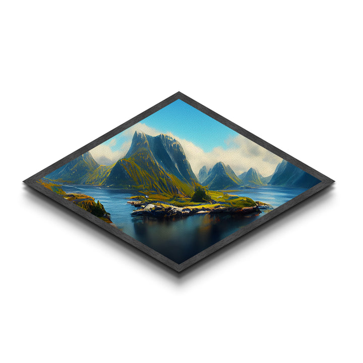 Nordic Fjord Serenity Diamond Shaped Canvas Textured Print, Scandinavian mountain lake art, dramatic nature wilderness wall decor