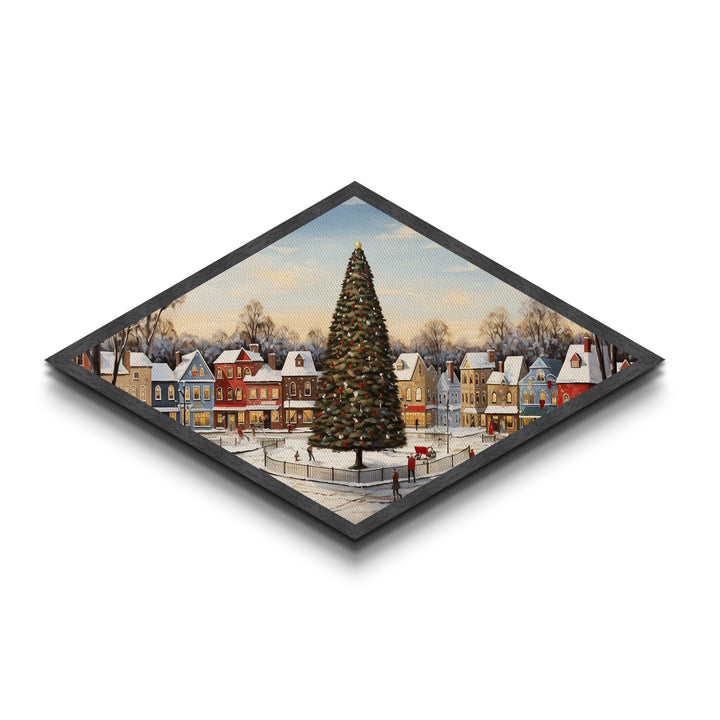 Festive Town Square Diamond Shaped Canvas Embossed Print Christmas tree snowy village nostalgia seasonal living room holiday wall
