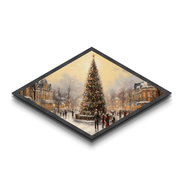Winter Tree Gathering Diamond Shaped Canvas Art Print snowy downtown scene nostalgic holiday decor perfect wall accent Christmas